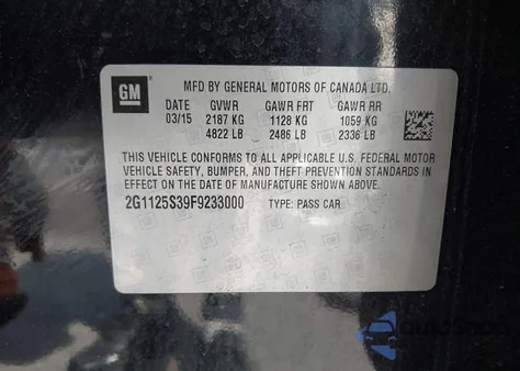 2015 Chevrolet Impala 2Lt z USA, uszkodzony, nr VIN 2G1125S39F9233000